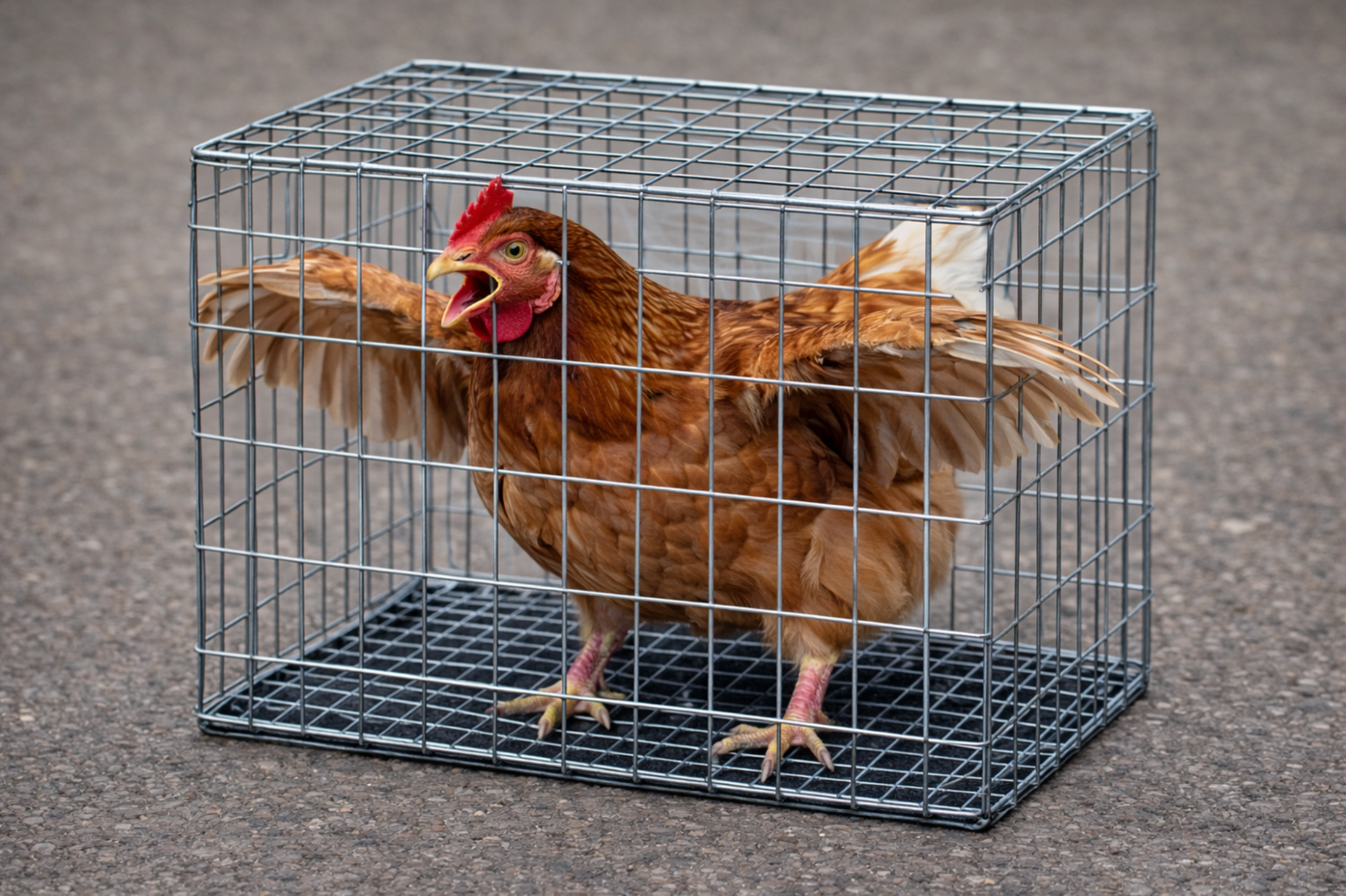 A hen confined in a small wire cage (representing very limited space).