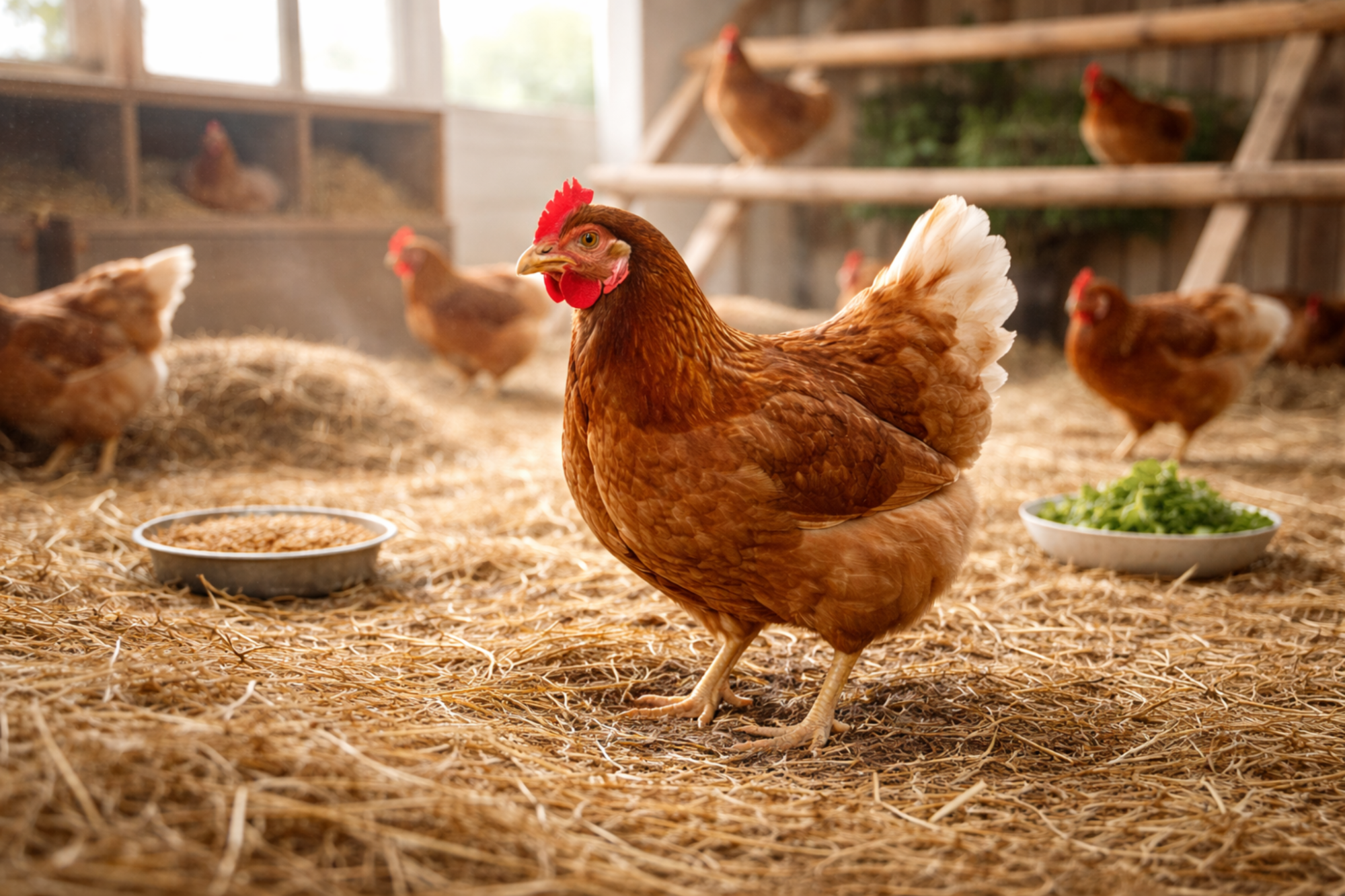 Hens in a cage-free barn with litter and room to move.